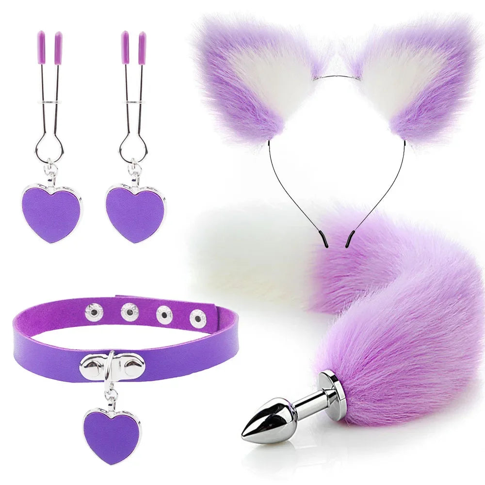 Fox Tail Anal Sex Toy Set: Includes Plush Cat Ear Headband with Bells and Necklace