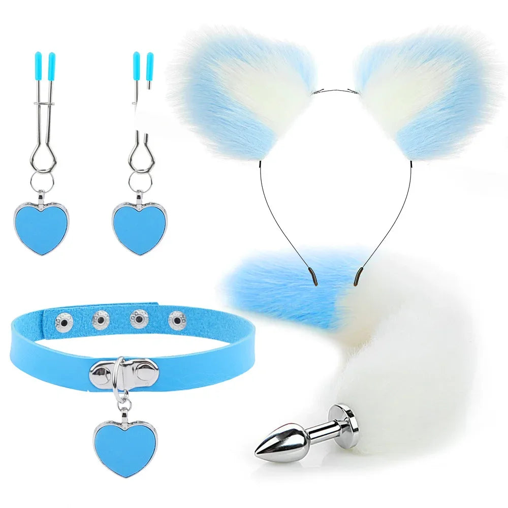 Fox Tail Anal Sex Toy Set: Includes Plush Cat Ear Headband with Bells and Necklace