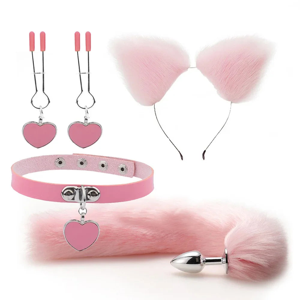 Fox Tail Anal Sex Toy Set: Includes Plush Cat Ear Headband with Bells and Necklace