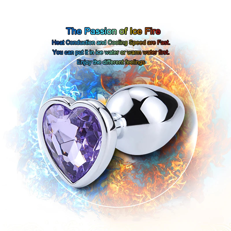 Heart-Shaped Stainless Steel Anal Plug with Crystal, Available in 3 Sizes