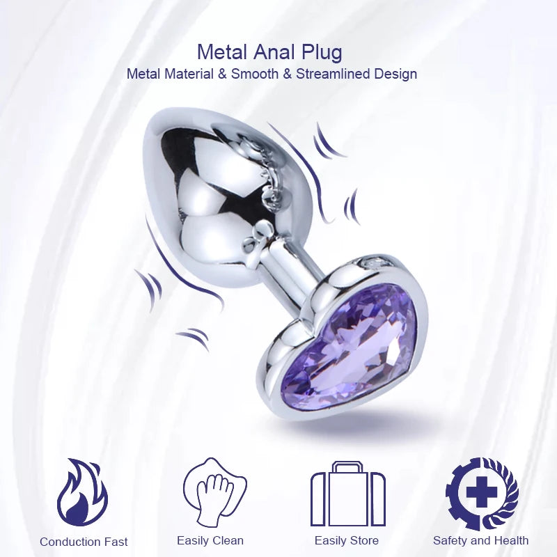 Heart-Shaped Stainless Steel Anal Plug with Crystal, Available in 3 Sizes