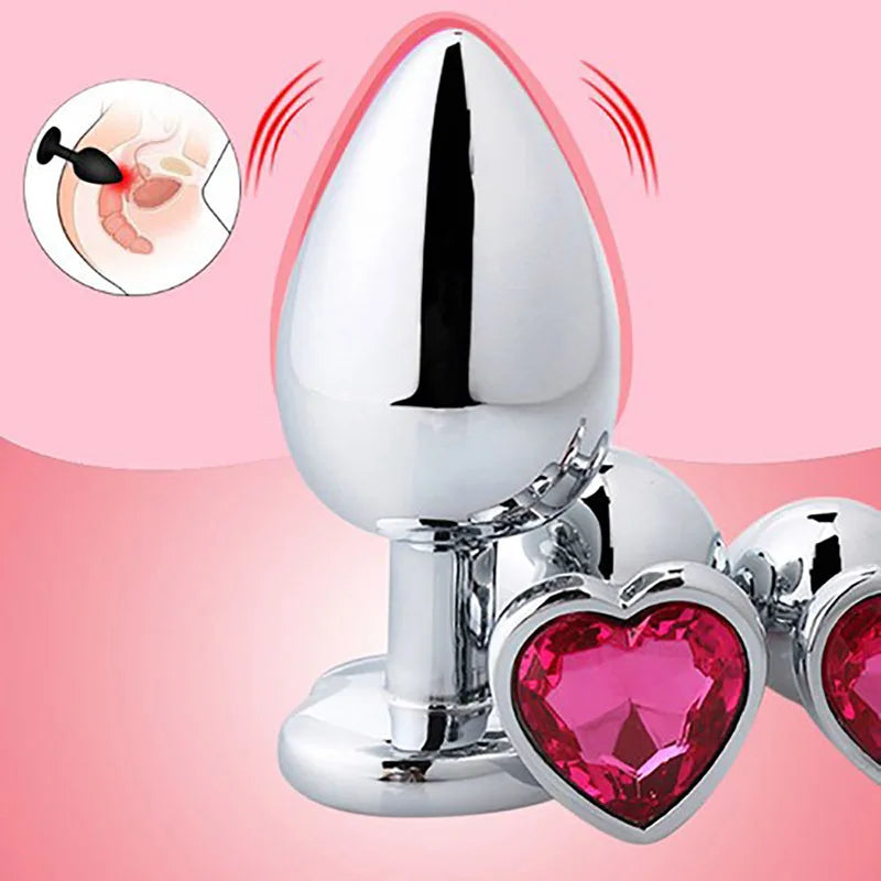 Heart-Shaped Stainless Steel Anal Plug with Crystal, Available in 3 Sizes